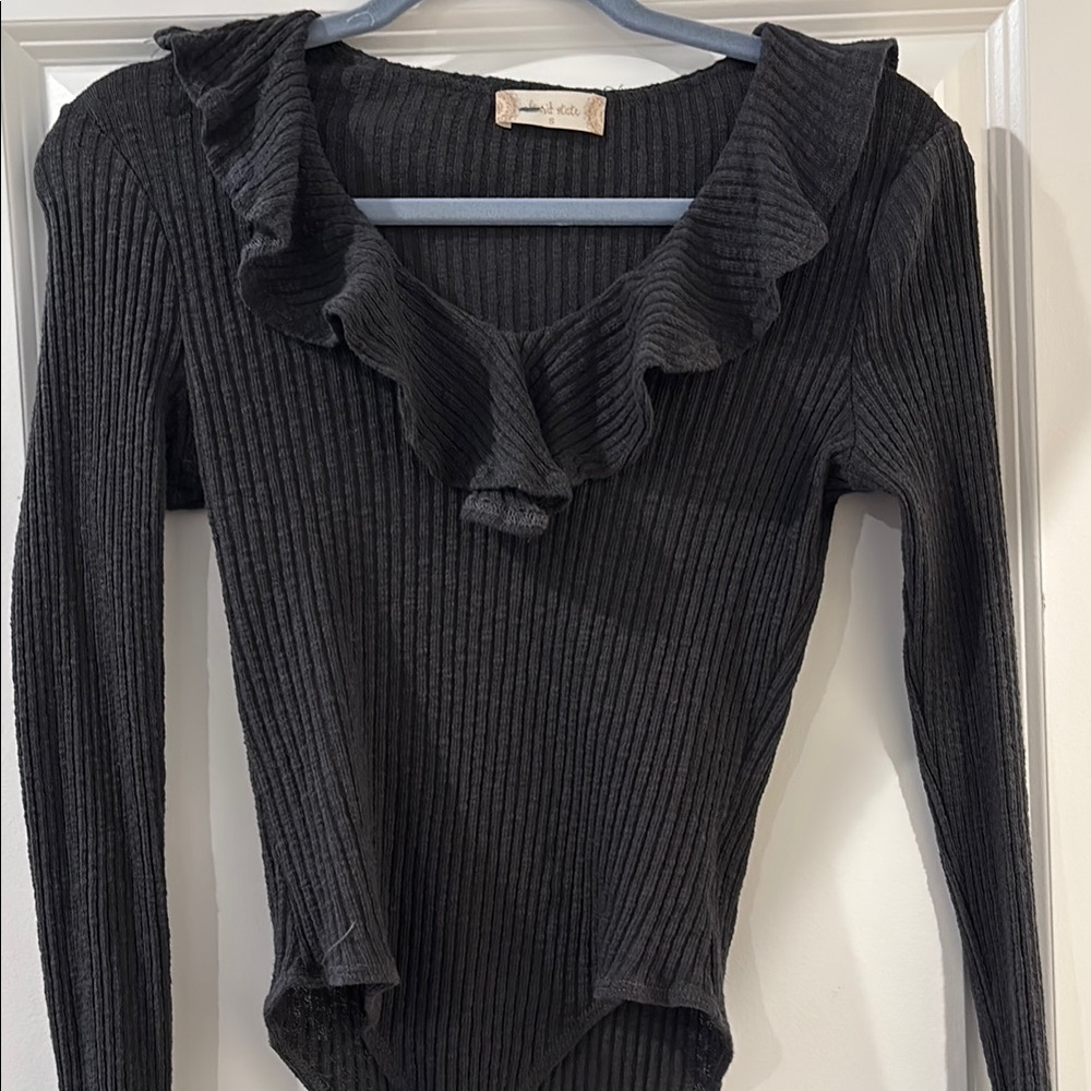 Altar'd State Dark Gray Ribbed Ruffle Bodysuit